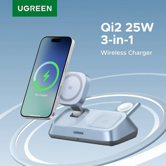 UGREEN Qi2 25W MAX Magnetic Wireless Charger Stand 3- in-1 Charging For iPhone 17 Pro Max/AirPods 4 For MagSafe Fast Charger Setup Lord