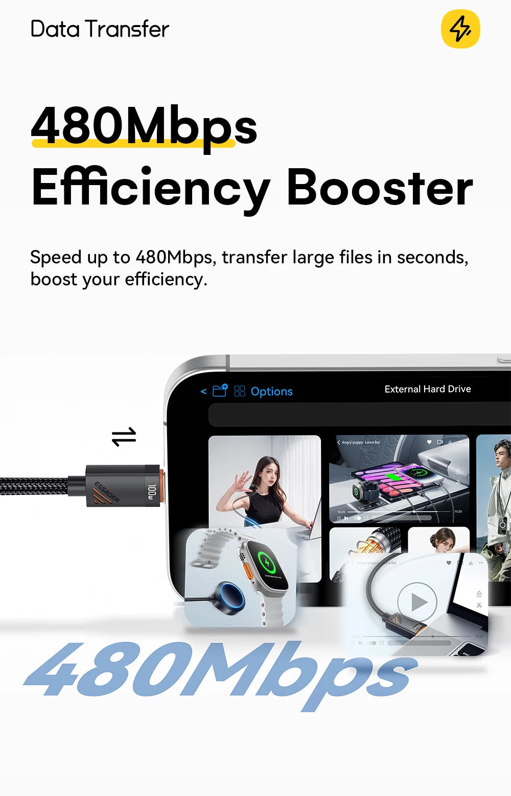 Essager 3 in 1 100W Multi USB C Charging Cable for Apple iWatch iPhone 16/15/14/13 Pro With Type C Lightning Fast Charging Cable Red Magic