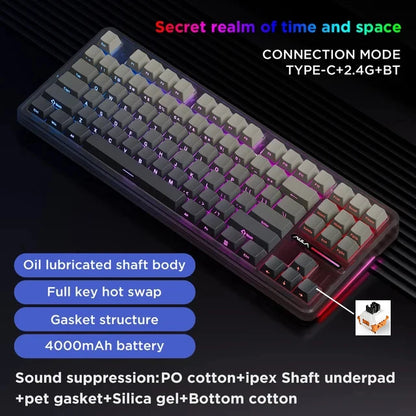 AULA F87Pro Mechanical Keyboard 2.4g/Usb/Bluetooth Tri Mode Wireless 87 Key 5 Layer Silencing Filling Suitable For Gaming+Typing Red Magic