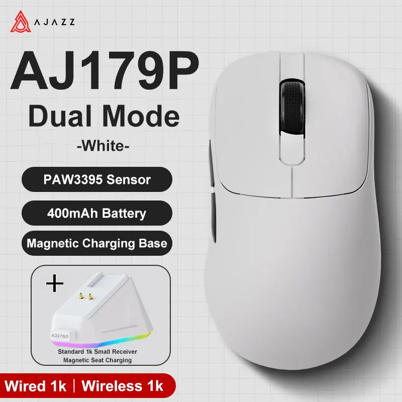 AJAZZ AJ179 PRO PAW3395 Lightweight Wired Wireless Mouse with Magnetic Charging Base Ergonomic Macro Gaming Mouse for PC Laptop Red Magic