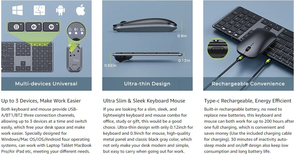 Seenda Wireless Bluetooth Keyboard and Mouse Combo Multi-Device Rechargeable Slim Keyboards and Mice for Win MacBook Pro Air Red Magic