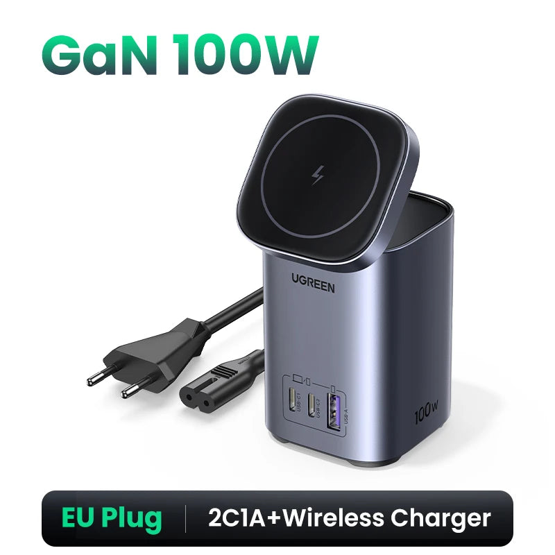 UGREEN GaN 100W Desktop Charger MFi Magnetic Wireless Charger for iPhone 17 16 15 Fast Charger Power Station for Laptop Notebook Setup Lord